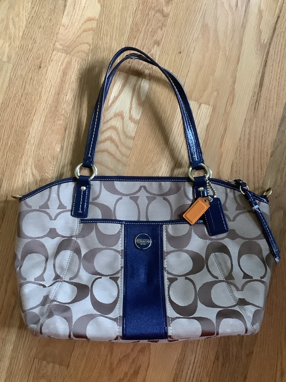 Coach Beige Signature Canvas Tote with Navy Trim